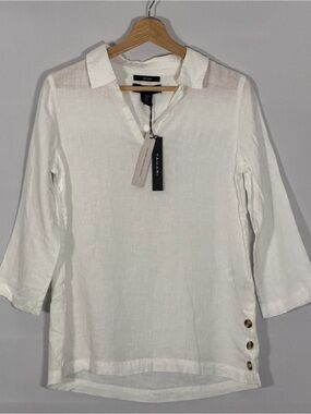 NWT Tahari 100% Linen Popover Tunic Top Women’s XS White Split Neck Side Button